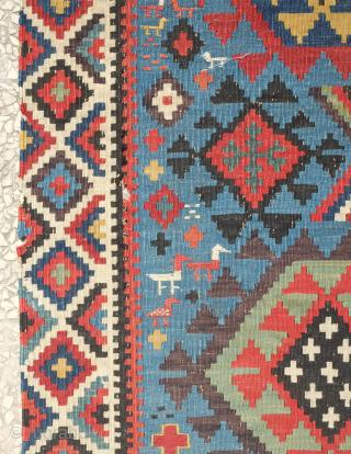 Shirvan kilim, 19th century.  Smaller format.  Paper thin weave.  Animal figures in soumak weave throughout the bottom half of the kilim. It has a couple of holes but otherwise  ...