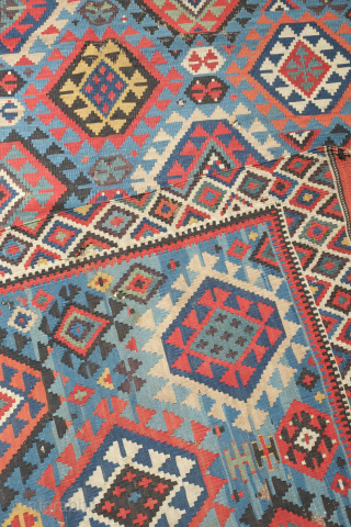 Shirvan kilim, 19th century.  Smaller format.  Paper thin weave.  Animal figures in soumak weave throughout the bottom half of the kilim. It has a couple of holes but otherwise  ...