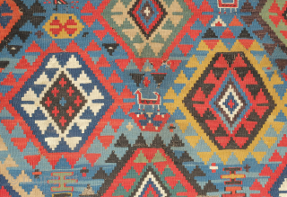 Shirvan kilim, 19th century in smaller format.  Rare border type. Paper thin weave. Animal figures in soumak weave throughout the bottom half of the kilim. It has a couple of holes  ...