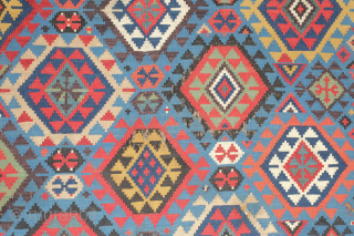 Shirvan kilim, 19th century in smaller format.  Rare border type. Paper thin weave. Animal figures in soumak weave throughout the bottom half of the kilim. It has a couple of holes  ...
