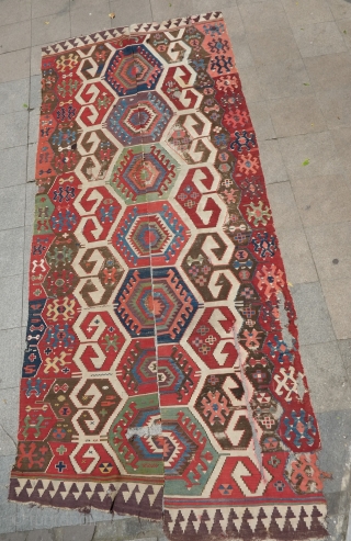 Konya Kilim, Late 18th to Early 19th Century.  It has that old Konya purple and a gorgeous strong green.  The browns are mostly not corroded.  A few areas of  ...