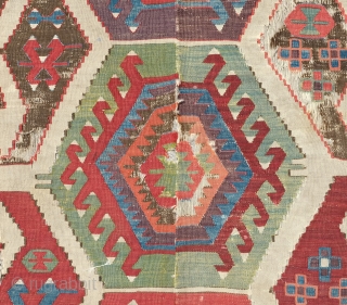 Konya Kilim, Late 18th to Early 19th Century.  It has that old Konya purple and a gorgeous strong green.  The browns are mostly not corroded.  A few areas of  ...