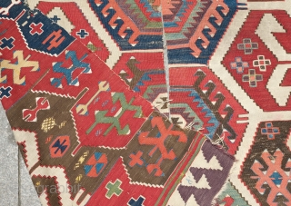 Konya Kilim, Late 18th to Early 19th Century.  It has that old Konya purple and a gorgeous strong green.  The browns are mostly not corroded.  A few areas of  ...
