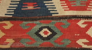 Borchalo Kazak kilim, 19th century.  Wide bands.  Fingered medallions.  Good age and colors. A hole at the top which can easly be repaired.  176 x 209 cm   ...