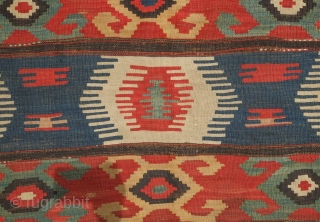 Borchalo Kazak kilim, 19th century.  Wide bands.  Fingered medallions.  Good age and colors. A hole at the top which can easly be repaired.  176 x 209 cm   ...