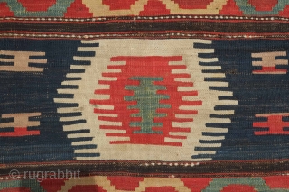 Borchalo Kazak kilim, 19th century.  Wide bands.  Fingered medallions.  Good age and colors. A hole at the top which can easly be repaired.  176 x 209 cm   ...