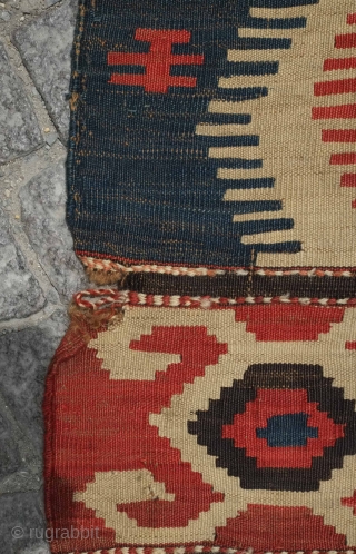 Borchalo Kazak kilim, 19th century.  Wide bands.  Fingered medallions.  Good age and colors. A hole at the top which can easly be repaired.  176 x 209 cm   ...