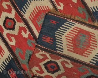 Borchalo Kazak kilim, 19th century.  Wide bands.  Fingered medallions.  Good age and colors. A hole at the top which can easly be repaired.  176 x 209 cm   ...