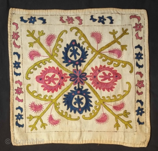 Kyrgyz ayna khalta, 19th century.  Very good colors including a cochineal pink and a wonderful green.  Great condition. 56 x 54 cm.  Contact danauger@tribalgardenrugs.com      