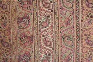Mashhad Carpet, 3rd quarter of the 19th century. Kashmir shawl striped design.  Very fine weave. Mellow, subtle colors with a wonderful soft green.  156 x 267 cm.    