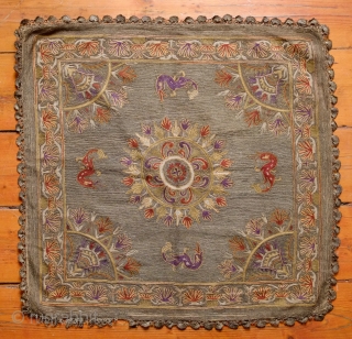 Edirne Metallic Thread and Silk Panel, Late 19th Century.  The metallic thread appears to be silver or mostly silver.  The silk is dyed in natural dyes.  It is complete  ...