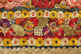 Hungarian Apron, Early 20th Century. Silk embroidery in a blitz of colorful flowers.  Cotton net at the bottom section.  An incredible example.  68 x 95 cm    