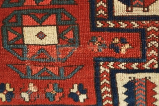 Kozak/Bergama rug, 1850s or so. Great classic design harkening to classical 15th century rugs. This has decent pile and a repair in the border shown in the last image. Light wear in  ...