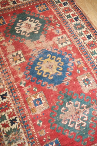 Borchalo Kazak rug. First half of 19th century. A wonderful, simple repeated 2:1:2 design scheme. Some definite wear and some old repairs but it is still very much alive. 154 x 230  ...