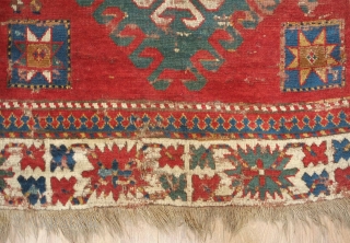 Borchalo Kazak rug. First half of 19th century. A wonderful, simple repeated 2:1:2 design scheme. Some definite wear and some old repairs but it is still very much alive. 154 x 230  ...
