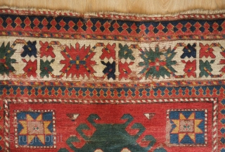 Borchalo Kazak rug. First half of 19th century. A wonderful, simple repeated 2:1:2 design scheme. Some definite wear and some old repairs but it is still very much alive. 154 x 230  ...