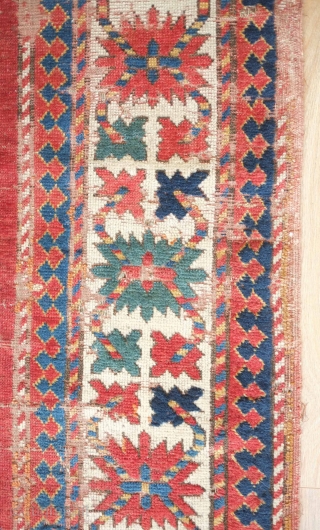 Borchalo Kazak rug. First half of 19th century. A wonderful, simple repeated 2:1:2 design scheme. Some definite wear and some old repairs but it is still very much alive. 154 x 230  ...