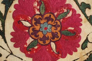 Uzbek suzani border fragment, 3rd to 4th quarter of the 19th century.  A few of the inner petals are in wool some of which has corroded due to a corrosive quality  ...