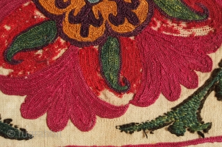 Uzbek suzani border fragment, 3rd to 4th quarter of the 19th century.  A few of the inner petals are in wool some of which has corroded due to a corrosive quality  ...