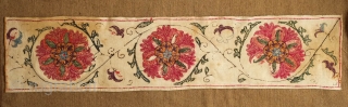 Uzbek suzani border fragment, 3rd to 4th quarter of the 19th century.  A few of the inner petals are in wool some of which has corroded due to a corrosive quality  ...