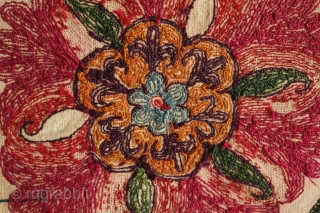 Uzbek suzani border fragment, 3rd to 4th quarter of the 19th century.  A few of the inner petals are in wool some of which has corroded due to a corrosive quality  ...