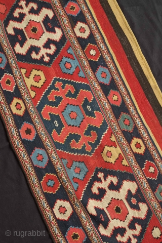 Shahsavan kilim mafrash long panel, 19th century.  Large guls, good colors and great condition. 110 x 60 cm              