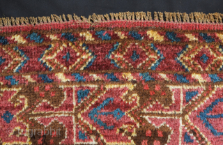 Beshir saddle bag face, 19th century. The wool is silky soft and the the colors rich with a shiny salmon-pink red. The pile is full and the feel is floppy. 54 x  ...