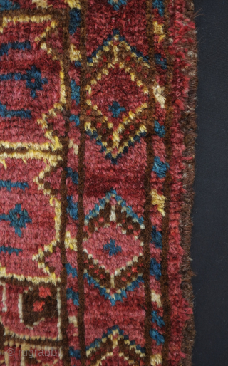 Beshir saddle bag face, 19th century. The wool is silky soft and the the colors rich with a shiny salmon-pink red. The pile is full and the feel is floppy. 54 x  ...