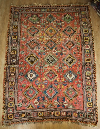 Daghestani Soumak, Mid-19th century, possibly earlier.  This wonderful old Caucasian soumak was made pre-1870s before chemical dyes were introduced into the area.  Fantastic colors and design with swastika motifs in  ...