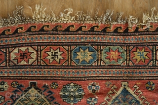 Daghestani Soumak, Mid-19th century, possibly earlier.  This wonderful old Caucasian soumak was made pre-1870s before chemical dyes were introduced into the area.  Fantastic colors and design with swastika motifs in  ...