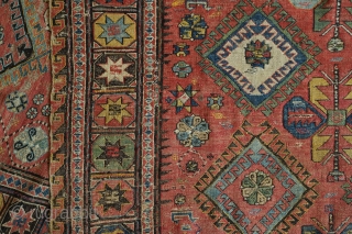 Daghestani Soumak, Mid-19th century, possibly earlier.  This wonderful old Caucasian soumak was made pre-1870s before chemical dyes were introduced into the area.  Fantastic colors and design with swastika motifs in  ...