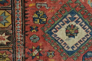 Daghestani Soumak, Mid-19th century, possibly earlier.  This wonderful old Caucasian soumak was made pre-1870s before chemical dyes were introduced into the area.  Fantastic colors and design with swastika motifs in  ...