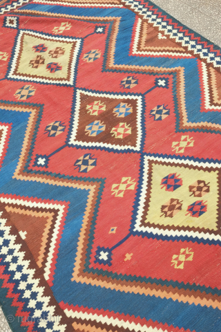 Qashqa'i Kilim, 19th century.  It has a zigzag field design and is in a fine weave. All good colors including a light pistachio green, apricot and a rich brown. Overall good  ...