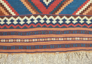 Qashqa'i Kilim, 19th century.  It has a zigzag field design and is in a fine weave. All good colors including a light pistachio green, apricot and a rich brown. Overall good  ...