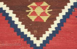 Qashqa'i Kilim, 19th century.  It has a zigzag field design and is in a fine weave. All good colors including a light pistachio green, apricot and a rich brown. Overall good  ...