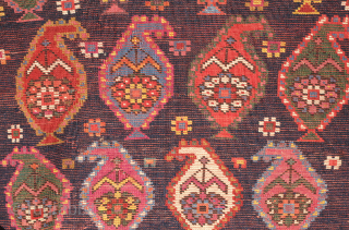 Genje rug, 19th century.  A real blitz of color on a midnight indigo field.  Pink, purple, apricot, green - at least 11 colors.  Overall good condition with two small  ...