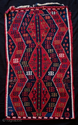 Sinanli Yastik, Late 19th Century. Overall very good condition.  White cotton highlights and full of metallic thread all over.  Two small holes on the front side. 53 x 91 cm.  ...