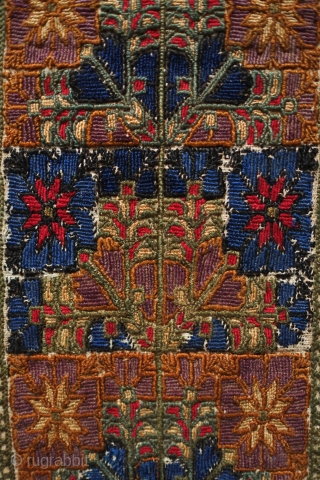 Bethlehem or Ramallah Embroidery Panel, early 20th century.  Thick floss silk embroidery creating a rich and sumptuous effect.  Probably a panel from a dress.  Beautiful floral motifs in vases.  ...