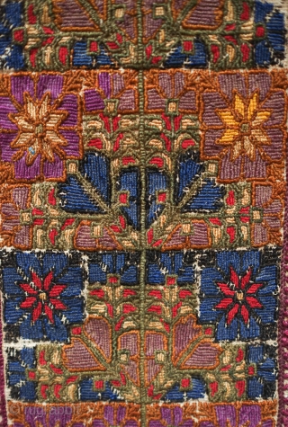 Bethlehem or Ramallah Embroidery Panel, early 20th century.  Thick floss silk embroidery creating a rich and sumptuous effect.  Probably a panel from a dress.  Beautiful floral motifs in vases.  ...