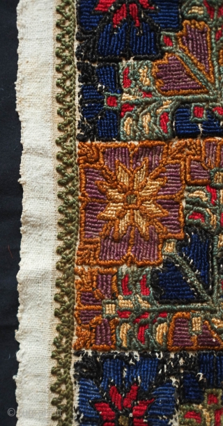 Bethlehem or Ramallah Embroidery Panel, early 20th century.  Thick floss silk embroidery creating a rich and sumptuous effect.  Probably a panel from a dress.  Beautiful floral motifs in vases.  ...