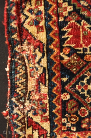 Kashkuli, Qashqa'i Khorjin, Mid-19th century.  Excellent, fine weave.  Fantastic colors.  A couple areas of damage nicely patched up to complete the piece (see third and second to last image).  ...