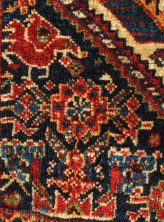 Kashkuli, Qashqa'i Khorjin, Mid-19th century.  Excellent, fine weave.  Fantastic colors.  A couple areas of damage nicely patched up to complete the piece (see third and second to last image).  ...