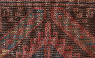 Baluch Bag Face, possibly Maldari, late 19th centurty.  This wonderful beauty has soft wool and uncommon colors.  It has a beautiful green, yellow and aqua blue in the bars surrounding  ...