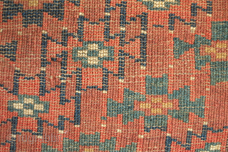 Yomut Turkmen torba, 19th century probably towards the middle.  Archaic drawing and very soft wool.  Some moth nibbles in a couple of areas but otherwise in good condition. 59 x  ...