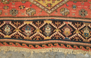 Caucasian Soumak, mid-19th century or earlier.  The colors are all good in this piece which includes a rich purple. It is in generally good condition with some scrapes here and there  ...