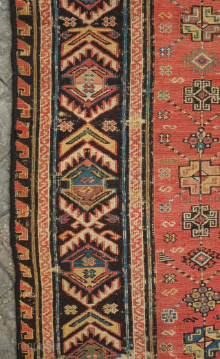 Caucasian Soumak, mid-19th century or earlier.  The colors are all good in this piece which includes a rich purple. It is in generally good condition with some scrapes here and there  ...