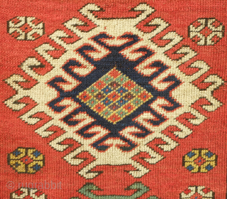 Kazak rug, 19th century.  Excellent weave and good colors including a wonderful yellow-green and purple.  Crisp drawing. Lower pile but otherwise excellent condition.  143 x 230 cm   