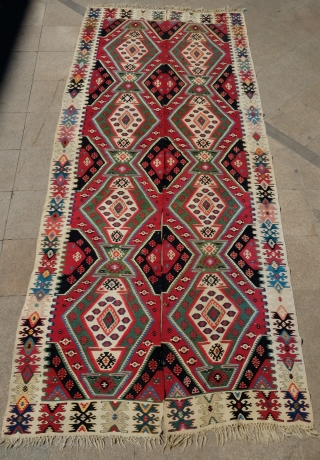 Balkan Kilim in a Rashwan Kurdish Design, Late 19th/Early 20th Century.  Very fine and tight weave.  Unusual and in great condition.  Great strong colors.  157 x 392 cm 