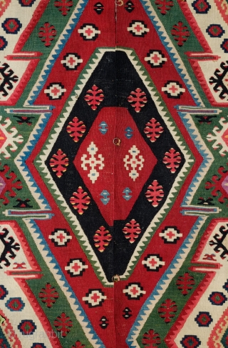 Balkan Kilim in a Rashwan Kurdish Design, Late 19th/Early 20th Century.  Very fine and tight weave.  Unusual and in great condition.  Great strong colors.  157 x 392 cm 