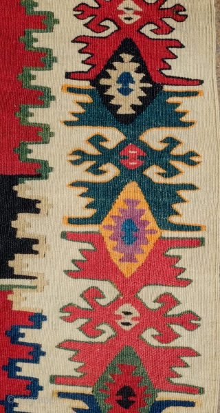 Balkan Kilim in a Rashwan Kurdish Design, Late 19th/Early 20th Century.  Very fine and tight weave.  Unusual and in great condition.  Great strong colors.  157 x 392 cm 